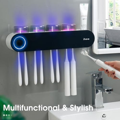 iHave UV Toothbrush Sanitizer Holder Wall Mount Toothpaste Dispenser, 4-Cup | Auto-Cycle Disinfection Toothbrush Holders for Bathrooms with UV Toothbrush Sanitizer & Toothpaste Dispenser, Breathing Light - color: Uv Black 4 Cups