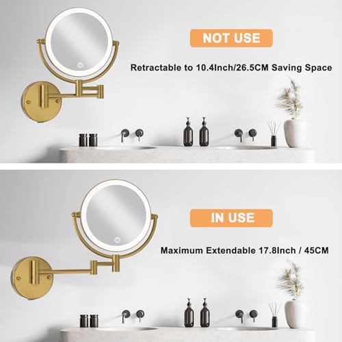 8" Lighted Magnifying Makeup Mirror Wall Mounted, Brushed Moderne Brass | 1X/10X Double Sided, 3 LED Color Touch Dimmable, 360 Swivel Gold Extendable Arm Vanity Shaving for Bathroom, Rechargeable - color: Brushed Moderne Brass