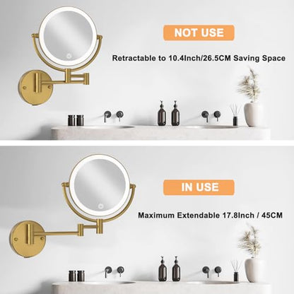 8" Lighted Magnifying Makeup Mirror Wall Mounted, Brushed Moderne Brass | 1X/10X Double Sided, 3 LED Color Touch Dimmable, 360 Swivel Gold Extendable Arm Vanity Shaving for Bathroom, Rechargeable - color: Brushed Moderne Brass
