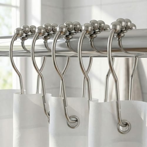 Shower Curtain Hooks Rings Set of 12, Rust Resistant Metal Double Glide Shower Hooks with Smooth Roller Balls for Bathroom Shower Rods and Curtains Nickel - color: Nickel