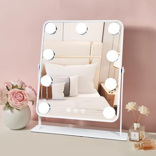 YEKKOPT Vanity Mirror with Lights,Lighted Makeup Mirror with 9 LED Bulbs, Light Up Makeup Mirror with Lights for Dressing Room & Bedroom,Smart Touch Control,360 Rotation - size: 14"L x 12"W