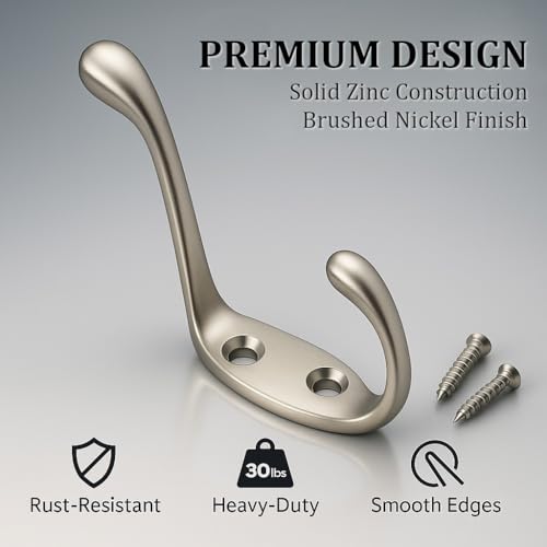 ANGSTROM 5-Pack Double Coat and Hat Hook, Wall Mounted with Screws (Brushed Nickel) - color: Brushed Nickel