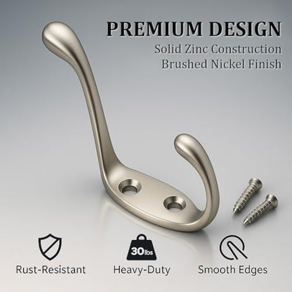 ANGSTROM 5-Pack Double Coat and Hat Hook, Wall Mounted with Screws (Brushed Nickel) - color: Brushed Nickel