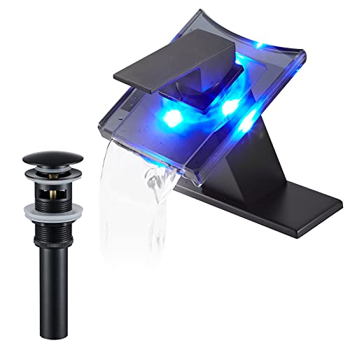 Bathroom Black Faucet Waterfall LED Glass Spout with Overflow Drain Stopper | Single Handle One Hole Deck Mount Modern Designer Basin Sink Faucet 3 Color Changing Battery Powered Lavatory Vanity - color: Black, style: LED with Drain