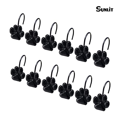 Sunlit Fashion Design Cute Paw Print Polished Shower Curtain Hooks for Dog Cat and Bear, Rust Proof Oil Metal Shower Curtain Rings, Black-12 Pack - color: Black