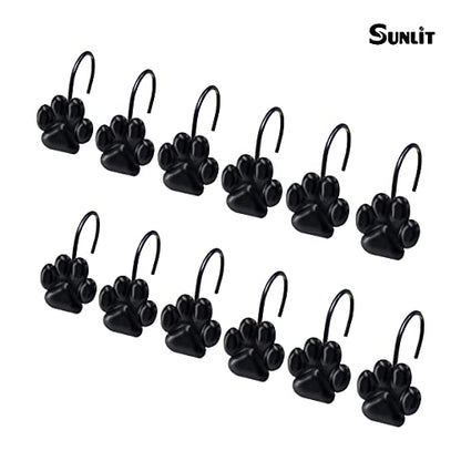 Sunlit Fashion Design Cute Paw Print Polished Shower Curtain Hooks for Dog Cat and Bear, Rust Proof Oil Metal Shower Curtain Rings, Black-12 Pack - color: Black