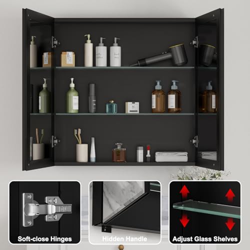 30x30 Inch Medicine Cabinet with Beveled Mirror, Aluminum Medicine Cabinet | Double Side Mirror Door, Adjustable Shelves, Soft-close Hinge, Surface or Recessed Mount Bathroom Mirrors with Storage - size: 30 in. x 30 in.