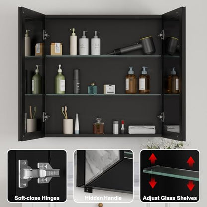 30x30 Inch Medicine Cabinet with Beveled Mirror, Aluminum Medicine Cabinet | Double Side Mirror Door, Adjustable Shelves, Soft-close Hinge, Surface or Recessed Mount Bathroom Mirrors with Storage - size: 30 in. x 30 in.