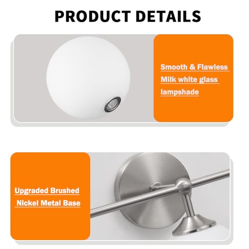 Elagant Modern Brushed Nickel Bathroom Vanity Lights, 3-Lights Bathroom Light Fixtures with Milky White Globe Glass Shade, Bathroom Wall Sconces Light over Mirror Dressing Table Bedroom Living Room - color: Nickel, size: 3 light