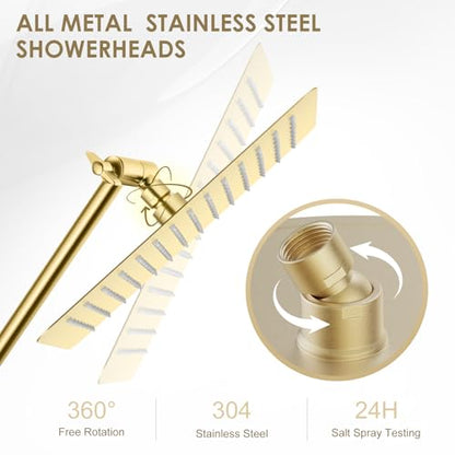 12 x 8 Inch Rectangle Rain Shower Head Brushed Gold, All Metal Stainless Steel 304, Full Body Rainfall Shower with 112 Silicone Nozzles, High Flow Waterfall Showerheads - color: Brushed Gold, size: 12 x 8 Inch Rectangle