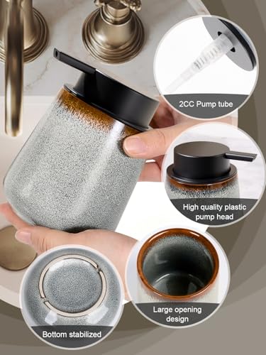 INGOFIN Ceramic Lotion Dispenser - 12 oz Refillable Hand Soap Dispenser Bathroom, Modern Liquid Dispenser with Pump, Dish Soap Dispenser for Kitchen, Kiln-Glazed Grey White - color: Grey and White