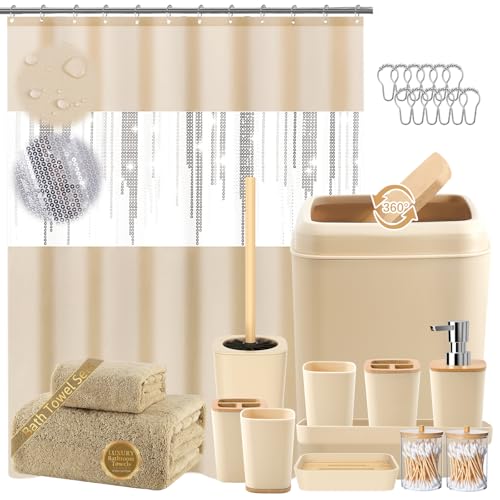 Beige Bathroom Accessories Set with Sequin Shower Curtain Beige Bathroom Decor with Trash Can,Toothbrush Holder, Toothbrush Cup,Soap Dispenser, Tray, Soap Dish,Toilet Brush - size: Bath Set+Shower Curtain+Towel Set, style: Beige