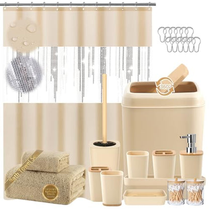 Beige Bathroom Accessories Set with Sequin Shower Curtain Beige Bathroom Decor with Trash Can,Toothbrush Holder, Toothbrush Cup,Soap Dispenser, Tray, Soap Dish,Toilet Brush - size: Bath Set+Shower Curtain+Towel Set, style: Beige