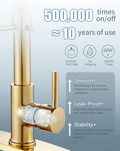 LED Kitchen Faucet, Brushed Gold Kitchen Faucet with Soap Dispenser and Deck Plate, Faucet for Camper Farmhouse RV Kitchen Sink, Single Handle Kitchen Sink Faucets with Pull Down Sprayer - color: C-Brushed Gold, style: Rustic