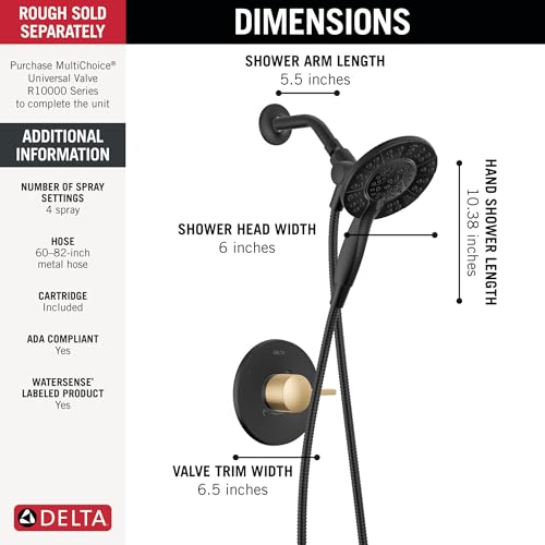Delta Faucet Albion 14 Series Single-Handle Shower Faucet, Black/Gold Shower Trim Kit with In2ition 2-in-1 Dual Hand Held Shower Head, Matte Black/Champagne Bronze T142855-GZ-I (Valve Not Included) - color: Matte Black & Champagne Bronze