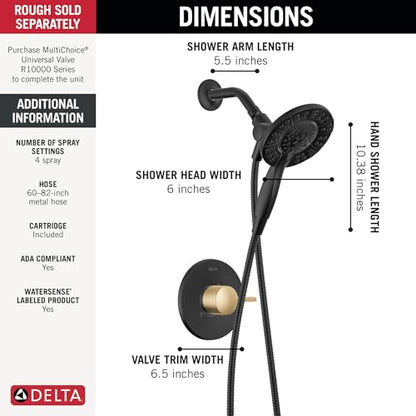 Delta Faucet Albion 14 Series Single-Handle Shower Faucet, Black/Gold Shower Trim Kit with In2ition 2-in-1 Dual Hand Held Shower Head, Matte Black/Champagne Bronze T142855-GZ-I (Valve Not Included) - color: Matte Black & Champagne Bronze