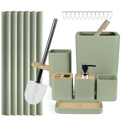 CERBIOR Bamboo Bathroom Accessory Set with Shower Curtain,Green,20PCS | Spiral Set Includes Shower Curtain,Soap Dispenser, Toothbrush Holder, Toothbrush Cup, Soap Dish for Decorative and House Gift - size: Bath Set+Shower Curtain, style: Green