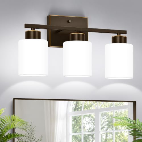 3-Light Bathroom Light Fixtures, Brown and Gold Vanity Light with Milky White Frosted Glass Shades, Modern Vanity Lighting Fixtures for Bathroom, Mirror, Bedroom, Hallway, Living Room - color: Brown and Gold & Milk Glass, size: 3-light