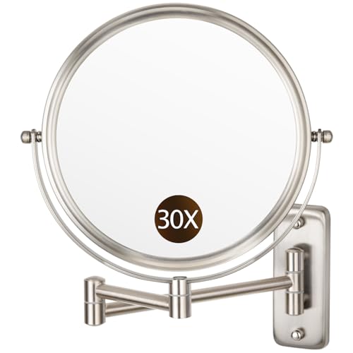 ALHAKIN 1X/30X Wall Mounted Makeup Mirror, 8 Inch Double Sided Magnifying Mirror for Wall, Bathroom Makeup Mirror with 360 Rotation Extendable Swivel Arm, Nickel
