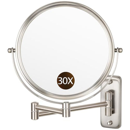 ALHAKIN 1X/30X Wall Mounted Makeup Mirror, 8 Inch Double Sided Magnifying Mirror for Wall, Bathroom Makeup Mirror with 360 Rotation Extendable Swivel Arm, Nickel