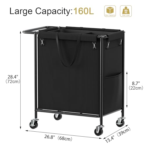 Double Laundry Hamper with Wheels & Lid, 160L Large Rolling Laundry Basket | Chrislley Sturdy Metal Laundry Cart 2 Section with Long Handle and Removable Bags,Dirty Clothes Hamper for Laundry Room,Black - color: Black, size: 160L(27.0"L x 15.4"W x 27.6"H)