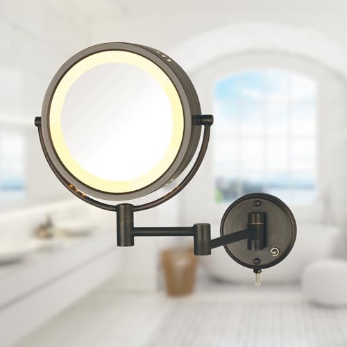 JERDON Lighted Wall-Mount Makeup Mirror - 8X - Bronze - HL75BZ | 8.5" Diameter, 13.5" Wall Arm, LED Lighting, Corded Plug-In Power