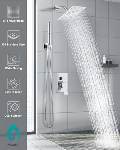 Aolemi Shower System with Rain Head and Handheld,8-Inch,Polish Chrome | High-Pressure Shower Faucet Set with Dual-Function Handheld,Rough-In Valve,1.8 GPM,Wall-Mount Trim Kit - color: Polish Chrome, size: 8 Inch
