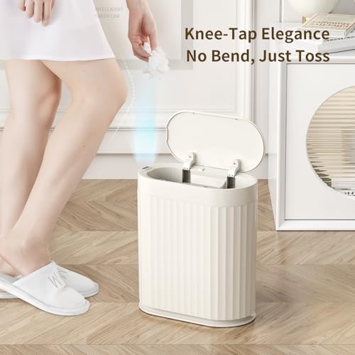 MRBIN Small Trash Can for Bathroom, Automatic Touch Less Garbage Bin with Lid, 2 Gallon Plastic Slim Waste Basket for Office and Kitchen, Electric Motion Sensor Bedroom Bin, Cream White - color: White, style: Acrylonitrile Butadiene Styrene