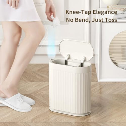 MRBIN Small Trash Can for Bathroom, Automatic Touch Less Garbage Bin with Lid, 2 Gallon Plastic Slim Waste Basket for Office and Kitchen, Electric Motion Sensor Bedroom Bin, Cream White - color: White, style: Acrylonitrile Butadiene Styrene