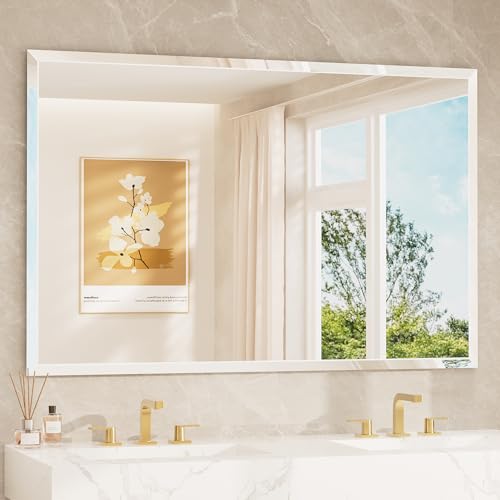 TETOTE 55" x 36" Large Mirror with Frameless Tempered Beveled Edge for Vanity and Bathroom - size: 36"L x 55"W