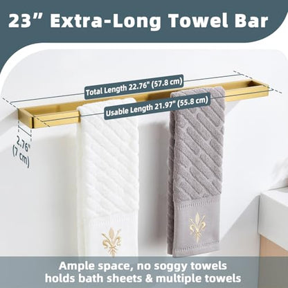 22.8 Inch Bathroom Towel Bar, Brushed Gold, 304 Stainless Steel | Rust-resistant for Bathroom, Shower, Vanity, Kitchen, Moder Square Towel Holder, Hidden Screw Wall Mounted, Heavy Duty Hang - color: Brushed Gold