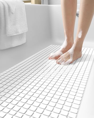 DEXI Bathtub Mat Non Slip, 39x16 Bath Tub Shower Floor Bathroom Mats White | Extra Long Suction Cups, Drain Holes, Machine Washable for Tub Shower Floor Bathmat - color: White