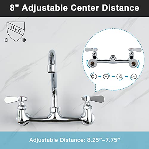 Wall Mount Commercial Sink Kitchen Faucet 8 Inch Adjustable Center | 10 Inch 360 Swivel Spout, Lead-free Brass, For Restaurant Laundry Utility Room, Easy to Install, CUPC NSF Certified - color: A Chrome, size: 10 Inch Spout