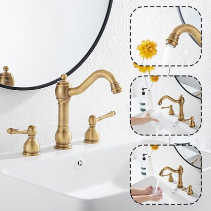 2 Handles 3 Holes Faucet Widespread Bathroom Sink Faucet Basin Tap Mixer Supply Hose Included Matching Pop Up Drain Antique Brass - color: Antique Brass, size: Widespread