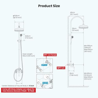 gotonovo Exposed Shower Faucet Set with Tub Spout Polished Chrome | Brass Bathroom Shower System,8 Inch Rainfall Head with Handheld Spray and Tub Filler,Adjustable Height,6’’ Hole Distance - color: Chrome
