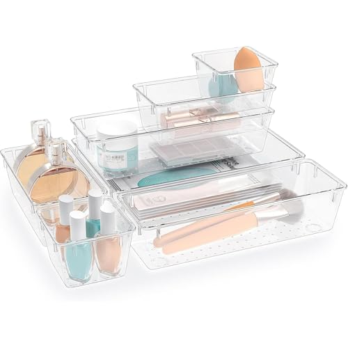 7 PCS Plastic Drawer Organizers Set, 4 Size Desk Drawer Organizer Trays | 4 Size Desk Drawer Organizer Trays for Makeup, Jewelry, Kitchen Utensils, Gadgets and Office - color: Clear, size: 7 PCS