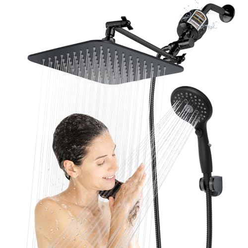 10'' Dual 20 Stage Filtered Shower Head with Handheld, 6 Spray Settings Handheld Shower Head High Pressure Rainfall Filter Combo with 12'' Adjustable Extension Arm, 71'' Shower Hose (Matte Black) - color: Matte Black, size: 10 Inch