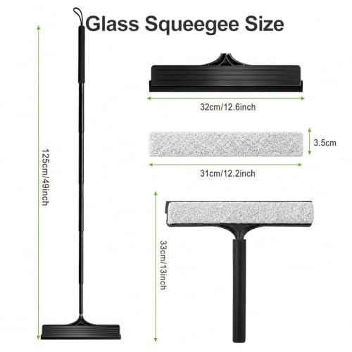 2 in 1 Window Squeegee with Adjustable Telescopic Pole, Shower Glass Squeegee for Indoor Outdoor Windows, Glass Doors, Shower Stalls, Car Windshield, Bathroom Tiles and Hard Floors
