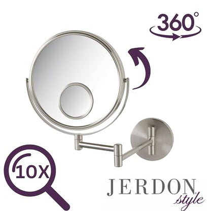 JERDON Wall-Mounted Makeup Mirror - 10X Magnification - Nickel - JP7510N | 8" Round Frame, 15X Spot Mirror, 10" Wall Extension