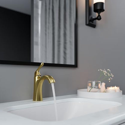 Pfister Willa Bathroom Sink Faucet Single Handle 1 Hole Brushed Gold Vanity Faucet with Push & Seal Drain NSF Certified WaterSense Compliant TiteSeal Technology LF042MALBG - color: Brushed Gold, size: 1 Pack