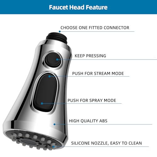 Universal Pull Down Spray Head for Kitchen Faucet, 3 Modes, Sliver Chrome | NSF/ANSI/CAN 372 Certified, 15 Adapters Compatible with Moen Delta Faucet, Kitchen Sink Faucet Sprayer Head Fit Most Faucet - color: Chrome, style: Handy Design