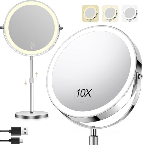 8.5" Lighted Makeup Mirror, 3000 mAh Rechargeable Double Sided Magnifying Vanity Mirror with 3 Colors, 1x/10x Magnifying, Brightness Adjustable Magnification Cosmetic Light up Mirror, Women Gift - color: Chrome