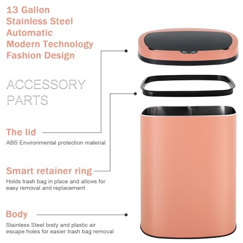 13 Gallon Stainless Steel Trash Can Automatic Trash Can Garbage Can Bathroom Garbage Can with Lid for Kitchen Living Room Office Bathroom, Electronic Motion Sensor Automatic, Pink - color: Pink