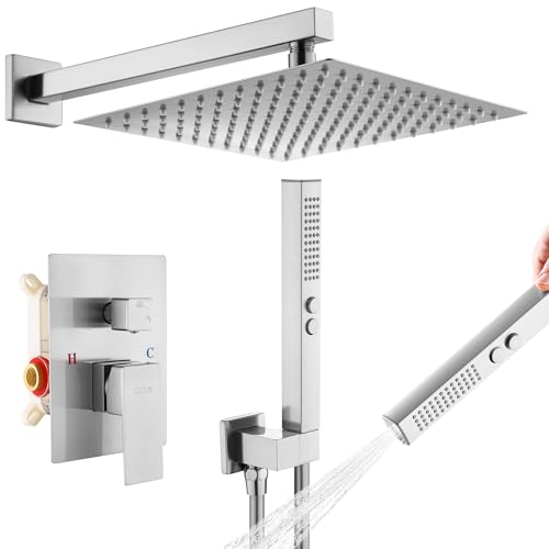 Rain Shower System, 12''Rain Head,2-Spray Handheld,Brushed Nickel | 2 Spray Functions,Anti-Tangle Explosion-proof PVD Hose,Balance Temp Valve,Rust-proof & Scratch-resistant - color: Brushed Nickel, size: 12 Inch