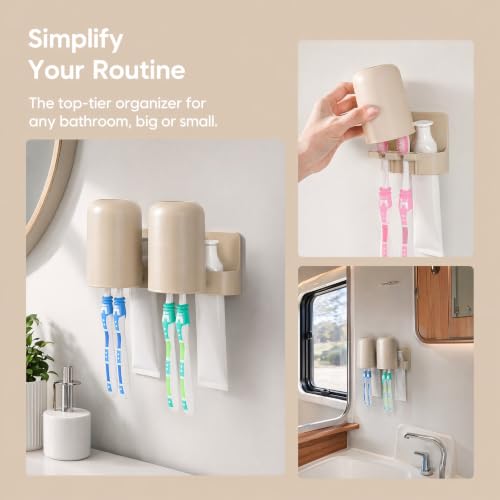 Adhesive Toothbrush Holders, Wall Mounted Space Saving 3 in 1 with Gargle Cup, for Bathroom Shower Mirror, Stick On Tooth Paste Hanger, Daily Use