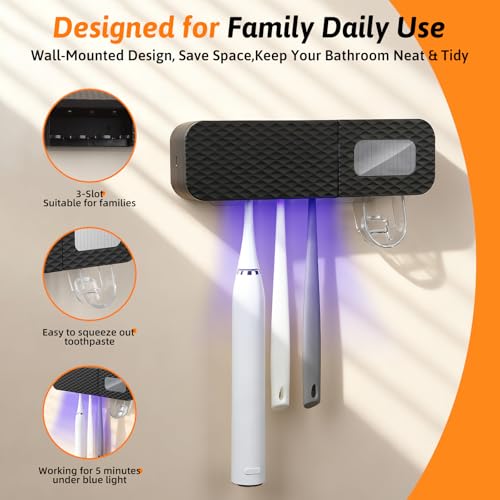 Smart Wall-Mounted Toothbrush Holder for Bathroom Black Toothbrush Storage Organizer with 3 Slots Toothbrush Holders with Toothpaste Dispenser for Drying Function