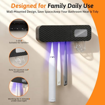 Smart Wall-Mounted Toothbrush Holder for Bathroom Black Toothbrush Storage Organizer with 3 Slots Toothbrush Holders with Toothpaste Dispenser for Drying Function
