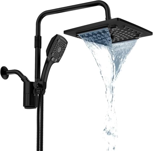 ELLO&ALLO Filtered Rain Shower Head with Handheld Spray, Rainfall Shower Head Combo with 59" Hose, Dual Showerhead Set with Adjustable Shower Extension Arm, Matte Black