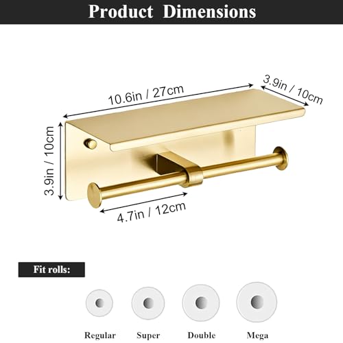 Toilet Paper Holder, NEWRAIN Double Bathroom Toilet Paper Roll Holder with Shelf, Stainless Steel Wall Mounted RV Tissue Roll Holder, Brushed Gold Commercial Farmhouse Toilet Paper Dispenser - color: Brushed Gold, style: Double