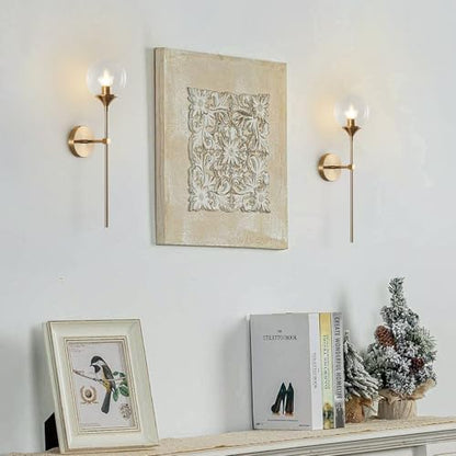 KCO 2 Pack Mid Century Modern Brass Gold Clear Glass Globe Wall Sconce | Reversible Up/ Down Mount, Long Rod Wall Lamp, Hardwired E26 Vanity Wall Light Fixture for Bedroom Bathroom Hallway Stairwell - color: Clear